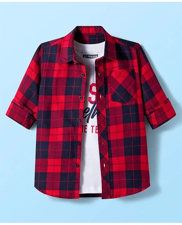 Pine Kids Cotton Woven Full Sleeves Checkered Shirt With T-Shirt - Red